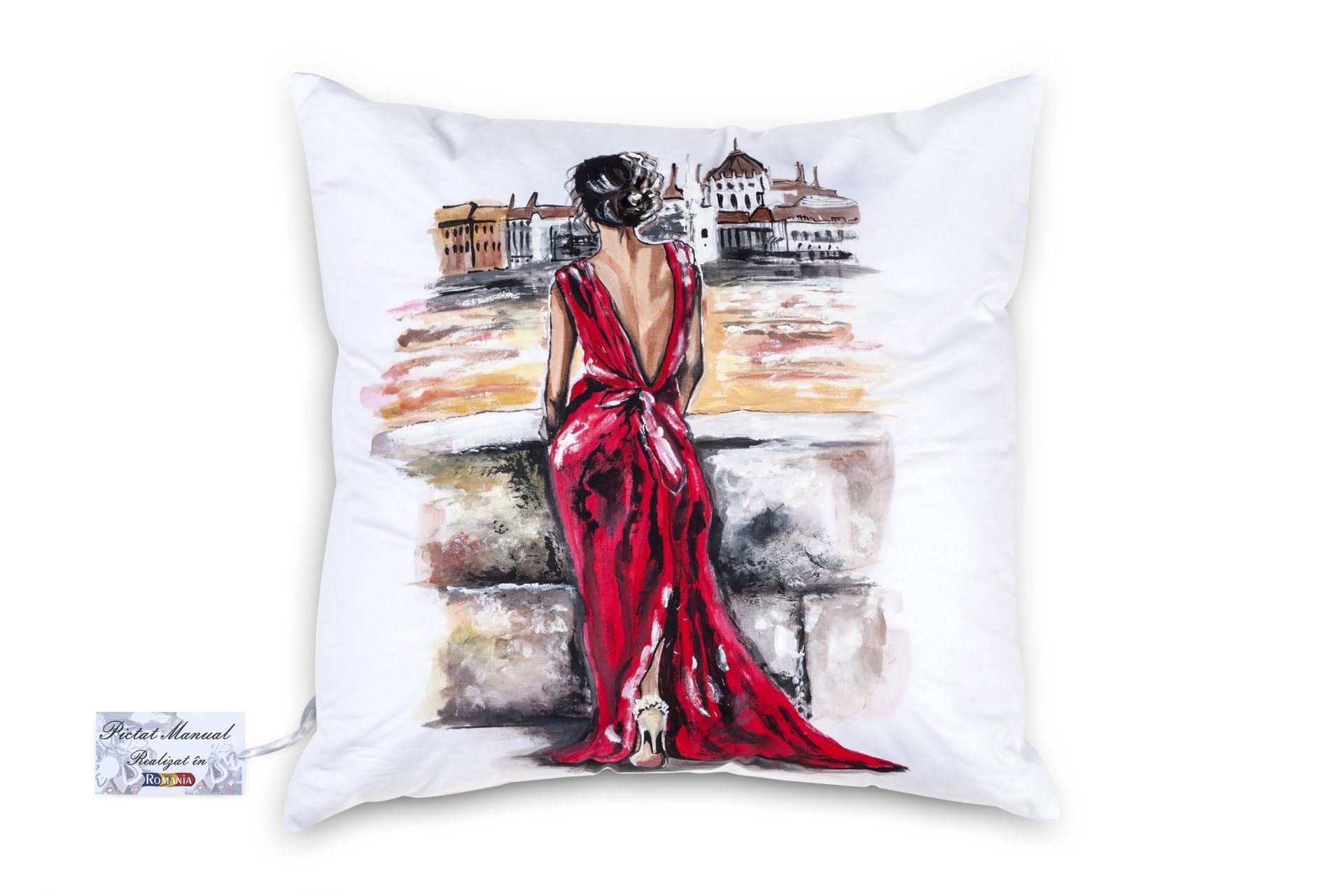 Perna-Fata_in_Rochie_Rosie.jpg Perna Decorativa pictata manual 40x40 cm MC06 - imagine 1
