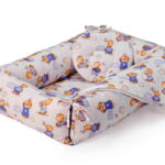 Set reductor bebe nest + paturica + pernuta pentru formarea capului bebelusului SomnArt, model ursuleti, Alb/Albastru