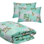 Set pilota primavara/vara si 2 perne Viseo Green Flowers SomnART, microfibra, 150 g/mp, 180x200 cm + 50x70 cm